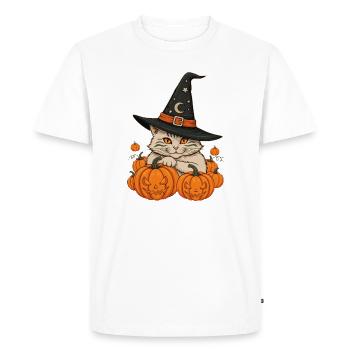 Whiskered Witch Among Pumpkins - Men's Premium Organic T-Shirt - white - Front - Nico (187cm)