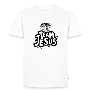 Logo de l’équipe Jésus - Noir - T-shirt Premium bio Homme - blanc - Devant - Nico (187cm)
