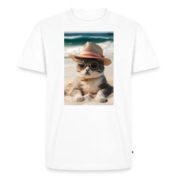 Chat cool sur la plage avec lunettes de soleil et chapeau - T-shirt Premium bio Homme - blanc - Devant - Nico (187cm)