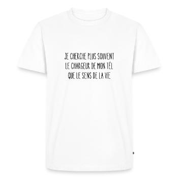 je cherche plus souvent le chargeur de mon tél - T-shirt Premium bio Homme - blanc - Devant - Nico (187cm)