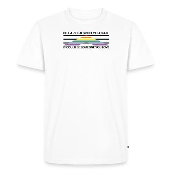Attention Qui déteste - LGBTQ Straight Ally - T-shirt Premium bio Homme - blanc - Devant - Nico (187cm)