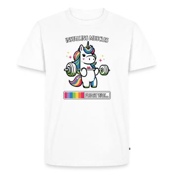 Couleurs néon de licorne en haltérophilie - T-shirt Premium bio Homme - blanc - Devant - Nico (187cm)