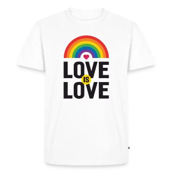 Mois de la fierté LGBTQ - Love is Love - T-shirt Premium bio Homme - blanc - Devant - Nico (187cm)