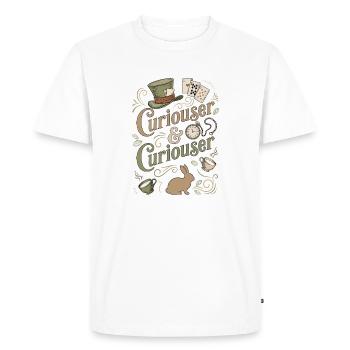 Alice Immer Neugieriger ("Curiouser") - Men's Premium Organic T-Shirt - white - Front - Nico (187cm)
