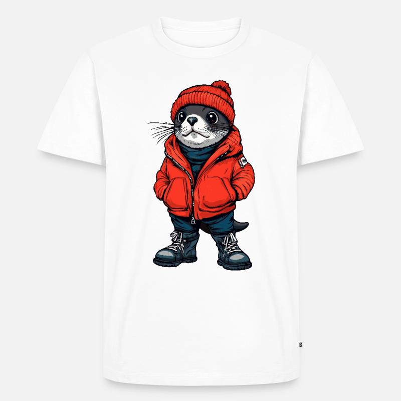 Robbe Tier Lustig Winter - Männer Premium Bio T-Shirt - Weiß