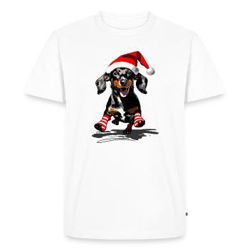 Dachshund with Santa hat and striped socks - Men's Premium Organic T-Shirt - white - Front - Nico (187cm)