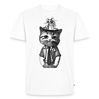 On the head of a cat sits a young mouse. - Men's Premium Organic T-Shirt - white - Front - Nico (187cm)