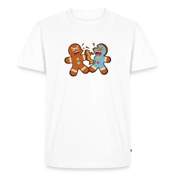 Deux bonhommes en pain d’épices se mordent - T-shirt Premium bio Homme - blanc - Devant - Nico (187cm)