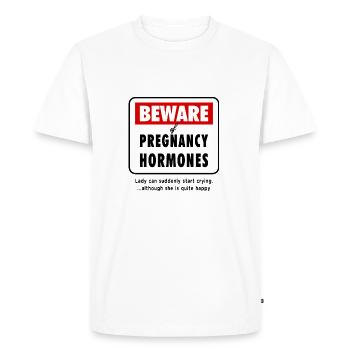 Méfiez-vous des hormones de grossesse Humour de grossesse de bébé - T-shirt Premium bio Homme - blanc - Devant - Nico (187cm)