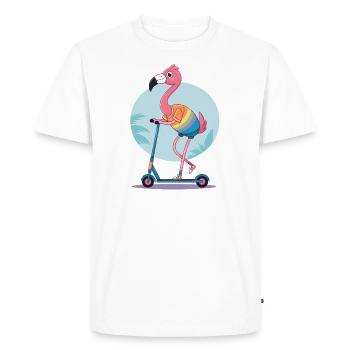 Flamant rose sur un scooter électrique - T-shirt Premium bio Homme - blanc - Devant - Nico (187cm)