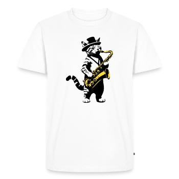 Chat Saxophone Musique Street Art Pochoirs Style - T-shirt Premium bio Homme - blanc - Devant - Nico (187cm)