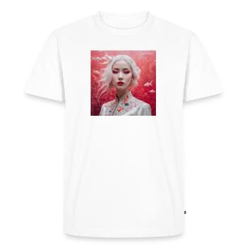 belle fille japonaise sur fond rouge avec des poissons - T-shirt Premium bio Homme - blanc - Devant - Nico (187cm)
