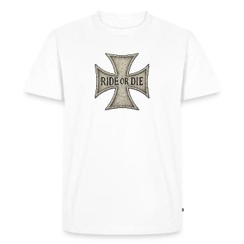 Maltese Cross Engraved RIDE OR DIE - Men's Premium Organic T-Shirt - white - Front - Nico (187cm)