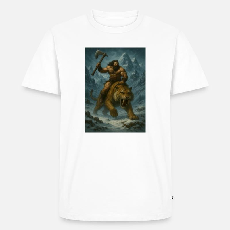 Wilder Krieger auf Sabertooth Tiger – Kunst - Männer Premium Bio T-Shirt - Weiß