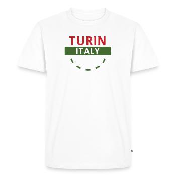 Illustration du t-shirt de l’emblème Turn Italy - T-shirt Premium bio Homme - blanc - Devant - Nico (187cm)