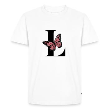 Monogramme élégant avec papillon – Lettre L - T-shirt Premium bio Homme - blanc - Devant - Nico (187cm)