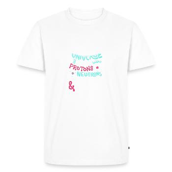 Funny Universe is made with Protons and Morons - Men's Premium Organic T-Shirt - white - Front - Nico (187cm)
