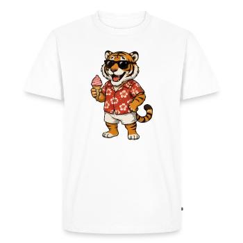 Tigre hawaïen avec un look d’été glacé - T-shirt Premium bio Homme - blanc - Devant - Nico (187cm)