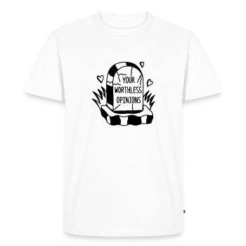 Conception graphique pierre tombale votre avis sans valeur - T-shirt Premium bio Homme - blanc - Devant - Nico (187cm)