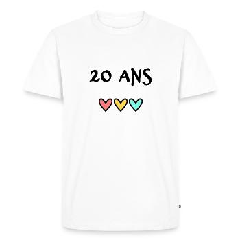 20 ANS. 20e ANNIVERSAIRE. ANNIVERSAIRE 20 ANS. 20 - T-shirt Premium bio Homme - blanc - Devant - Nico (187cm)