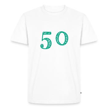 50 YEARS. 50th ANNIVERSARY. ANNIVERSARY 50 YEARS. 50 - Men's Premium Organic T-Shirt - white - Front - Nico (187cm)