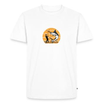 "Funny Angler T-Shirt – Don't Worry, Be Fishing - Men's Premium Organic T-Shirt - white - Front - Nico (187cm)