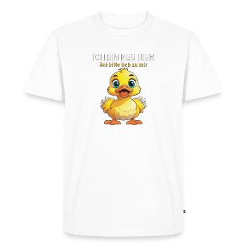 JE SUIS NOUVEAU ICI, SOYEZ GENTIL - T-shirt Premium bio Homme - blanc - Devant - Nico (187cm)