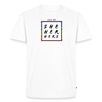 Pride - she, ici, hers - T-shirt Premium bio Homme - blanc - Devant - Nico (187cm)