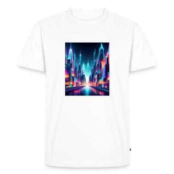 Futuristic Neon Cityscape – Vibrant Cyberpunk Art - Men's Premium Organic T-Shirt - white - Front - Nico (187cm)
