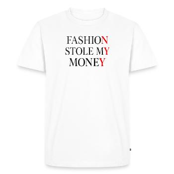 La mode m’a volé mon argent - T-shirt Premium bio Homme - blanc - Devant - Nico (187cm)