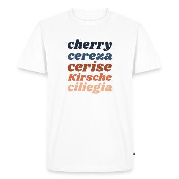 "Cherry" - lettering in 5 languages - Men's Premium Organic T-Shirt - white - Front - Nico (187cm)