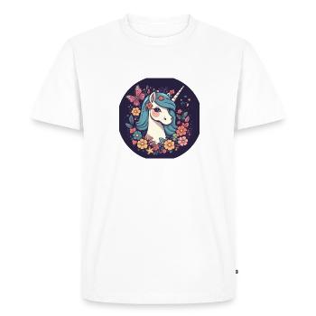 Licorne élégante avec fleurs de papillon - T-shirt Premium bio Homme - blanc - Devant - Nico (187cm)