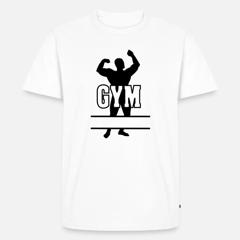 Bodybuilder transparenter Text 'GYM' - Männer Premium Bio T-Shirt - Weiß