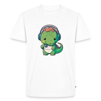 Kawaii Cute Happy Colorful Dino avec des écouteurs - T-shirt Premium bio Homme - blanc - Devant - Nico (187cm)