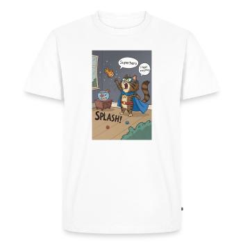 Superhero Cat Splash — Regretful Goldfish Saga - Men's Premium Organic T-Shirt - white - Front - Nico (187cm)