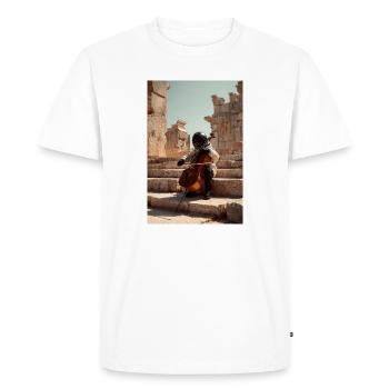 Futuristic Astronaut Playing Cello on Ancient Step - Men's Premium Organic T-Shirt - white - Front - Nico (187cm)