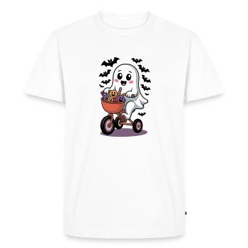 Ghost riding a bike with Halloween pumpkins - Men's Premium Organic T-Shirt - white - Front - Nico (187cm)