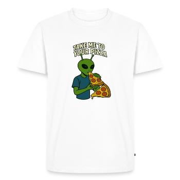 Conception de t-shirt Alien Pizza avec slogan - T-shirt Premium bio Homme - blanc - Devant - Nico (187cm)