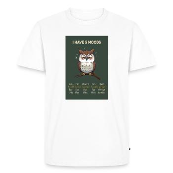 Motif de hibou amusant avec le dicton -J’ai 5 humeurs - T-shirt Premium bio Homme - blanc - Devant - Nico (187cm)