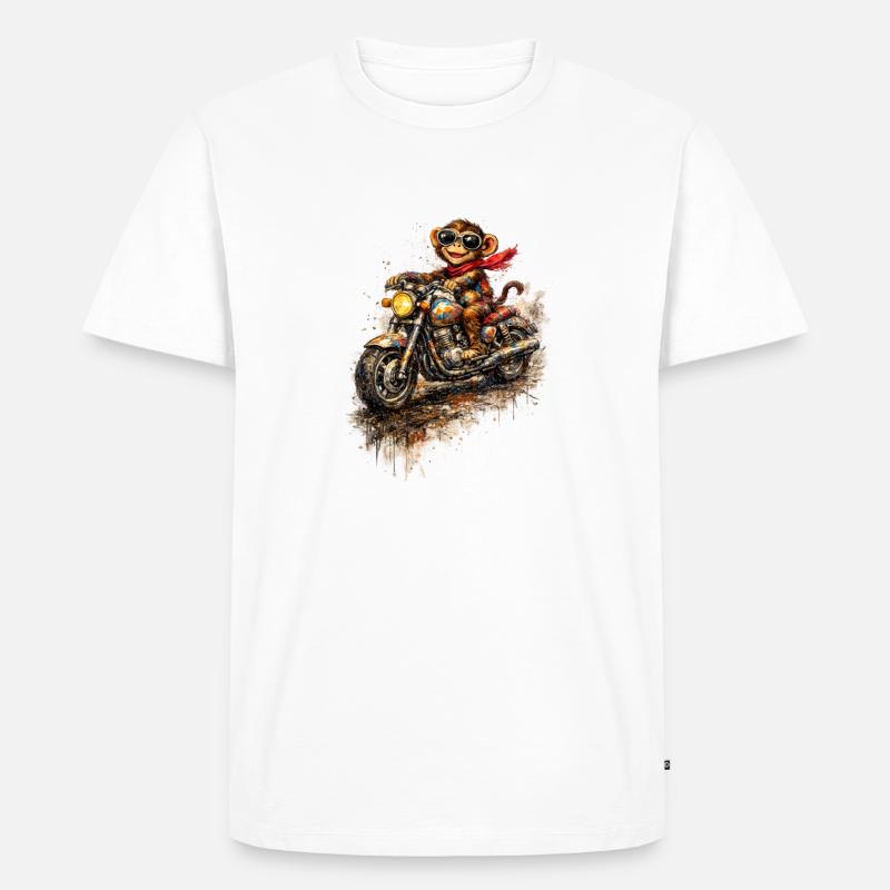 Affe auf bunter Motorradfahrt - Männer Premium Bio T-Shirt - Weiß