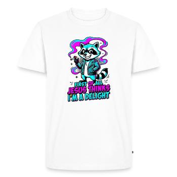 Tout d’abord, Jésus pense que je suis un raton laveur délicieux - T-shirt Premium bio Homme - blanc - Devant - Nico (187cm)