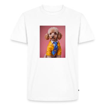 Caniche chien portant un costume jaune et une cravate bleue - T-shirt Premium bio Homme - blanc - Devant - Nico (187cm)