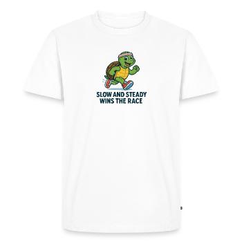 Funny Turtle Running Shirt – Slow & Steady - Men's Premium Organic T-Shirt - white - Front - Nico (187cm)