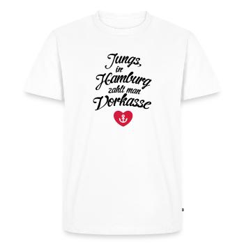 You pay in advance (c) boys, in Hamburg, Germany - Men's Premium Organic T-Shirt - white - Front - Nico (187cm)