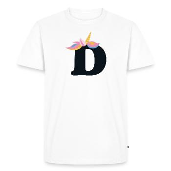 Licorne lettre arc-en-ciel Style « D » | Être unique - T-shirt Premium bio Homme - blanc - Devant - Nico (187cm)