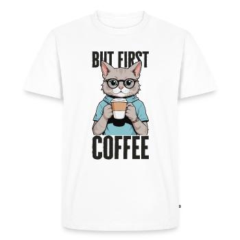 But First Coffee - Coffee Drinking Cat - Men's Premium Organic T-Shirt - white - Front - Nico (187cm)