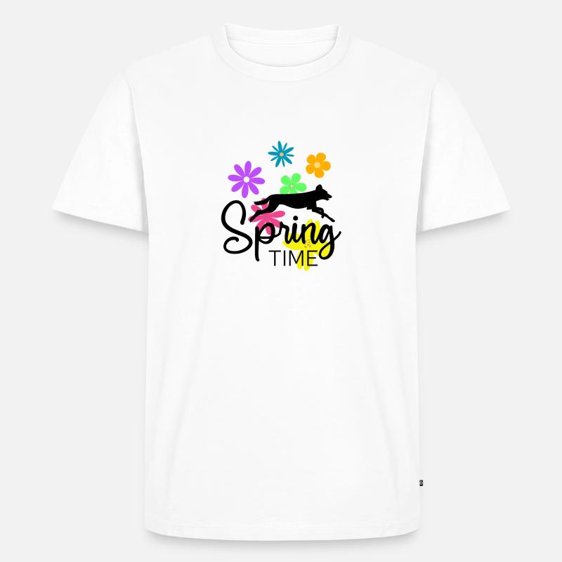 Frühlingsdesign - springender Hund und Blumen - Männer Premium Bio T-Shirt - Weiß