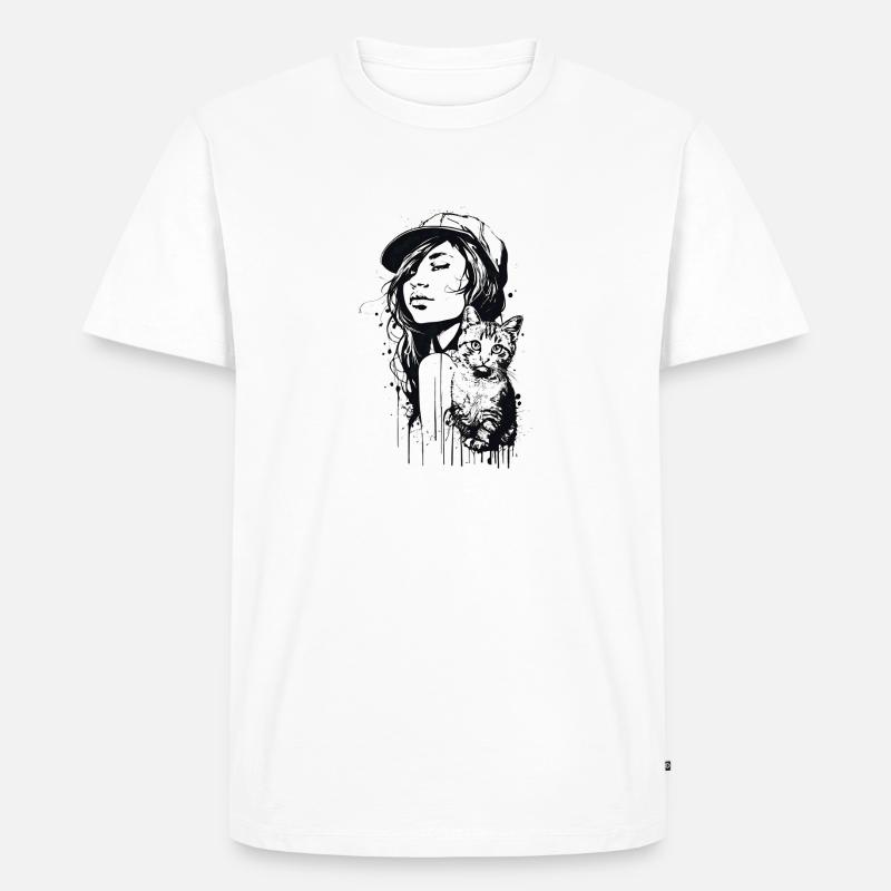 Mädchen mit Katze - Männer Premium Bio T-Shirt - Weiß