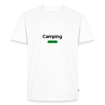 « Le camping, c’est ma vie » - T-shirt Premium bio Homme - blanc - Devant - Nico (187cm)