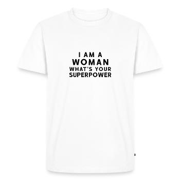 Je suis une femme c'est quoi ton super pouvoir - T-shirt Premium bio Homme - blanc - Devant - Nico (187cm)